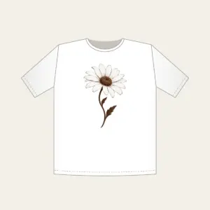 Single Daisy with Curved Stem T-Shirt in white: A single daisy with a curved stem in white and deep brown.