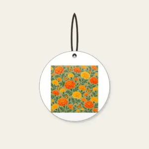 Marigolds and Butterflies on Sage Ceramic Ornament in white: An all-over repeat of marigolds and small butterflies in orange and yellow on a sage ground.