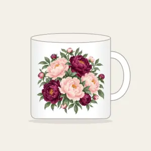 Blush and Plum Peony Garden Mug in white: Peonies and leaves in blush, plum and sage fill the artwork edge to edge.