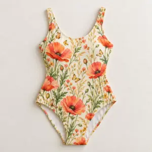 Poppy Garden All-Over One-Piece Swimsuit with all-over poppies, grasses and tiny butterflies in coral, gold and green on cream