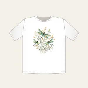 Dragonflies over Meadow Grasses T-Shirt in white: Teal and gold dragonflies hover over fine meadow grasses.
