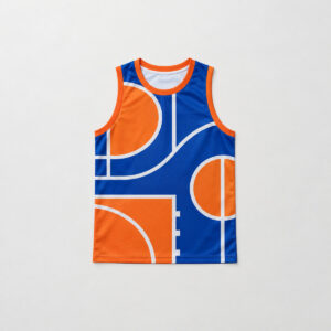 Court Lines Sleeveless Jersey Tank with bold court line shapes in cobalt, white and orange across the body with a contrast neck band