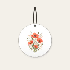 Poppies and Fine Grasses Illustration Ceramic Ornament in white: Poppies and fine grasses drawn in coral and olive on a cream ground.