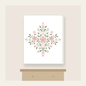 Tiny Blooms and Diamonds in Blush Canvas Print in white: Small flowers and diamond shapes repeat in blush, sage and cream.