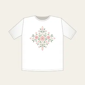 Tiny Blooms and Diamonds in Blush T-Shirt in white: Small flowers and diamond shapes repeat in blush, sage and cream.