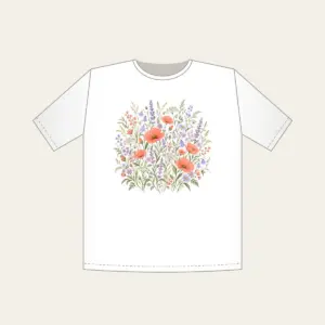 Coral and Lilac Wildflower Meadow T-Shirt in white: Wildflowers and swaying grasses in coral, lilac and sage spread across a cream ground.