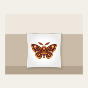 Glowing Amber Moth Pillow in white: A large moth with intricately patterned wings, each marked with a glowing circle in amber and plum.