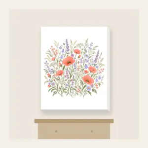 Coral and Lilac Wildflower Meadow Canvas Print in white: Wildflowers and swaying grasses in coral, lilac and sage spread across a cream ground.