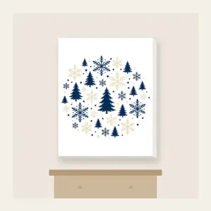 Snowflakes and Pines in Navy and Cream Canvas Print in white: Snowflakes and pines repeat in navy and cream.