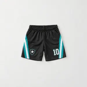Little Striker Kid Soccer Shorts with a diagonal teal and white stripe down each side of the shorts with a small star crest on the left leg and the number "10" on the right leg