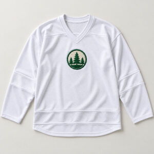 Embroidered Pine Crest Hockey Jersey with compact embroidered circular crest with a pine silhouette at the chest in green and cream thread