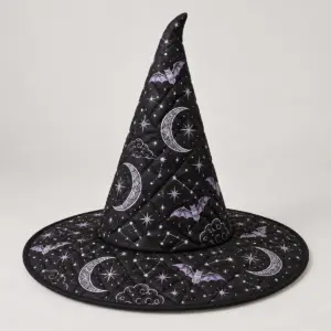 Black quilted witch hat printed with silver crescent moons and stars