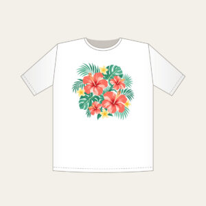 Coral Hibiscus Palm Sorbet Pattern T-Shirt in white: Coral hibiscus blooms and palm leaves in mint and lemon spread across a cream field.