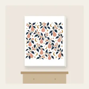 Pear Branches and Crescent Moons Canvas Print in white: Pear branches, tiny crescent moons and stars repeat in dusty rose, gold and deep navy.