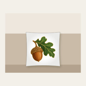 Gold-Outlined Acorn and Oak Leaf Pillow in white: A single acorn with an oak leaf in warm brown and green with a thin gold outline.