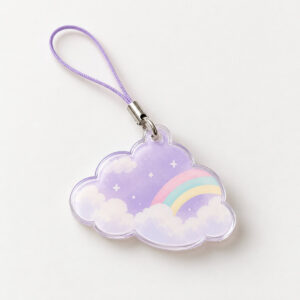 Lilac Cloud Phone Charm with a Lilac cloud-shaped charm printed with a soft white cloud edge and a tiny rainbow arc in pastel pink, mint and yellow