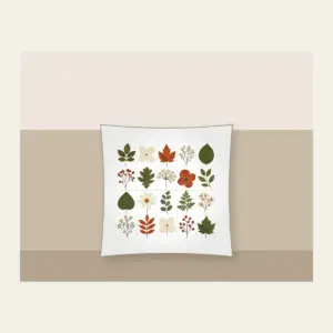 Pressed Leaf Specimen Grid Pillow in white: A grid of pressed leaves and blossoms in green, rust and cream with tiny index lines.