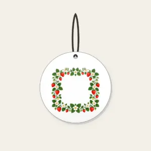 Strawberry and Blossom Border Ceramic Ornament in white: A border of strawberries and blossoms in red, cream and green surrounds a plain center.