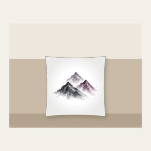 Three Overlapping Mountain Peaks Pillow in white: Three overlapping mountain peaks in charcoal grey and muted plum, painted in a restrained brush style.
