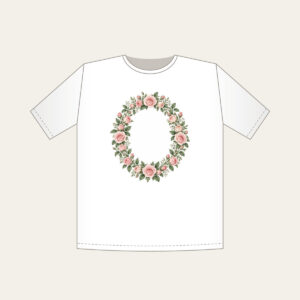 Oval Rose Wreath in Blush and Sage T-Shirt in white: An oval wreath of roses and leaves in blush and sage that leaves a quiet open space in the middle.