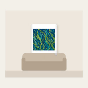 Swaying Kelp Ribbons on Deep Blue Fleece Blanket in white: Long kelp ribbons in green and teal sway across a deep blue background.