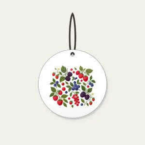 Wild Berries and Leaves Ceramic Ornament in white: A scatter of wild berries and leaves in plum, red and green on cream.