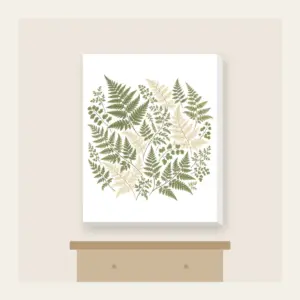 Pressed Ferns with a Gold Line Canvas Print in white: All-over pressed ferns in sage and cream, edged with a fine gold line.