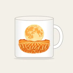 Harvest Moon over Wheat Mug in white: A large orange harvest moon above rows of wheat in orange and cream.