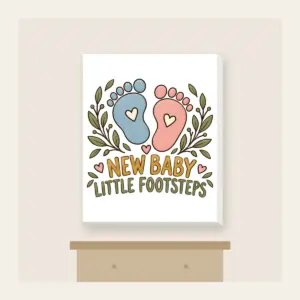 NEW BABY LITTLE FOOTSTEPS Canvas Print in white