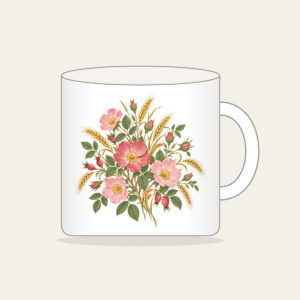 Prairie Roses and Wheat on Cream Mug in white: Prairie roses and wheat stalks in rose, gold and sage scatter across a cream ground.