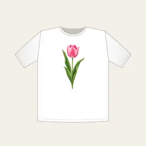 Single Pink Tulip with Long Leaves T-Shirt in white: A single tall tulip with long leaves in pink and green.