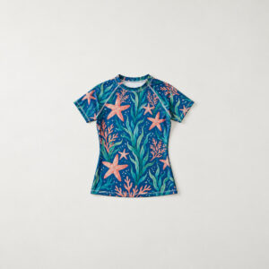 Starfish Garden Women's Rash Guard with all-over starfish and seaweed in coral and green on deep blue