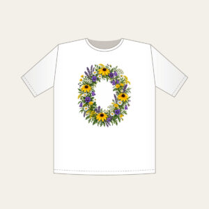 Oval Wildflower Wreath T-Shirt in white: A bold oval wildflower wreath in yellow, purple and green sits at the centre.