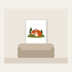 Sleeping Fox on the Hill Fleece Blanket in white: A rust-colored fox curled asleep on a green hill with two tiny pines.