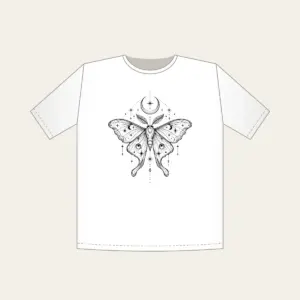 Moth, Stars and Crescent Moon Linework T-Shirt in white: A fine-line moth rests among tiny stars and a crescent moon in black.