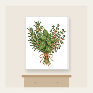 Herb Bundle with String Canvas Print in white: A bundle of rosemary, basil and thyme tied with string in green, cream and terracotta.