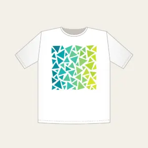 Teal-to-Lime Color-Block Triangles T-Shirt in white: Color-blocked triangles shift from teal to lime on white.