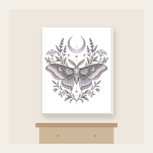 Moth and Crescent Moon with Herb Sprigs Canvas Print in white: A moth beneath a crescent moon with delicate herb sprigs in silver grey and pale lilac.