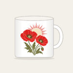 Twin Poppies and a Rising Sun Mug in white: Two poppies beneath a rising sun in red, cream and olive.