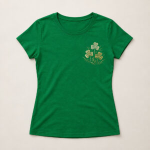 Irish Green Clover Shamrock Fields Women's Tee with compact left-chest panel print of three clover leaves in a mown-field pattern in cream and pale gold