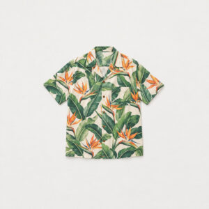 Banana Leaf Camp Shirt with all-over banana leaves and birds-of-paradise flowers in green and orange on cream