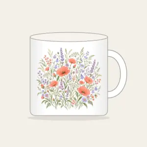 Coral and Lilac Wildflower Meadow Mug in white: Wildflowers and swaying grasses in coral, lilac and sage spread across a cream ground.