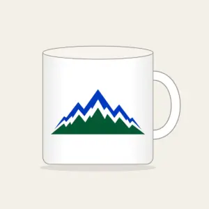 Cobalt Zigzag Mountain Peaks Mug in white: Zigzag mountain peaks in cobalt and white over a deep green base.