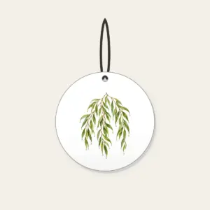 Weeping Willow Branches with Dewdrops Ceramic Ornament in white: Weeping willow branches in green and gold carry tiny dewdrops and small leaf pendants.