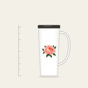 Full-Blown Peony with Green Leaves Tumbler with Handle in white: A full-blown peony in blush and coral with deep green leaves.