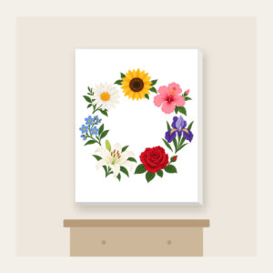 Weekly Seven Flower Border Canvas Print in white: A border of seven small, different flowers, one for each day, surrounds an open centre.