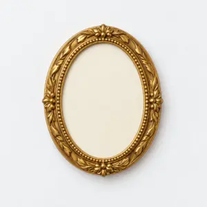Vintage Gold Oval Photo Frame Magnet with a gold oval frame with a fine leaf and bead border around an empty window