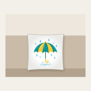 Teal Umbrella and Raindrop Ripple Pillow in white: An open teal and yellow umbrella with small raindrops and a tiny puddle ripple.