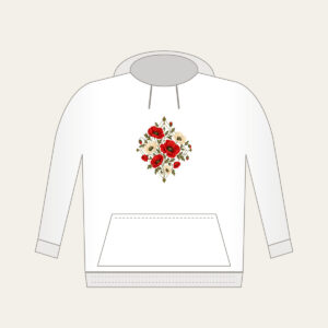 Poppy Diamond Garden Hoodie in white: Diamond lines hold scattered poppies in red, cream and olive.