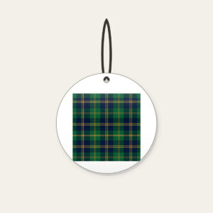 Green and Navy Plaid with Gold Lines Ceramic Ornament in white: A classic plaid of green and navy, finished with fine gold lines.